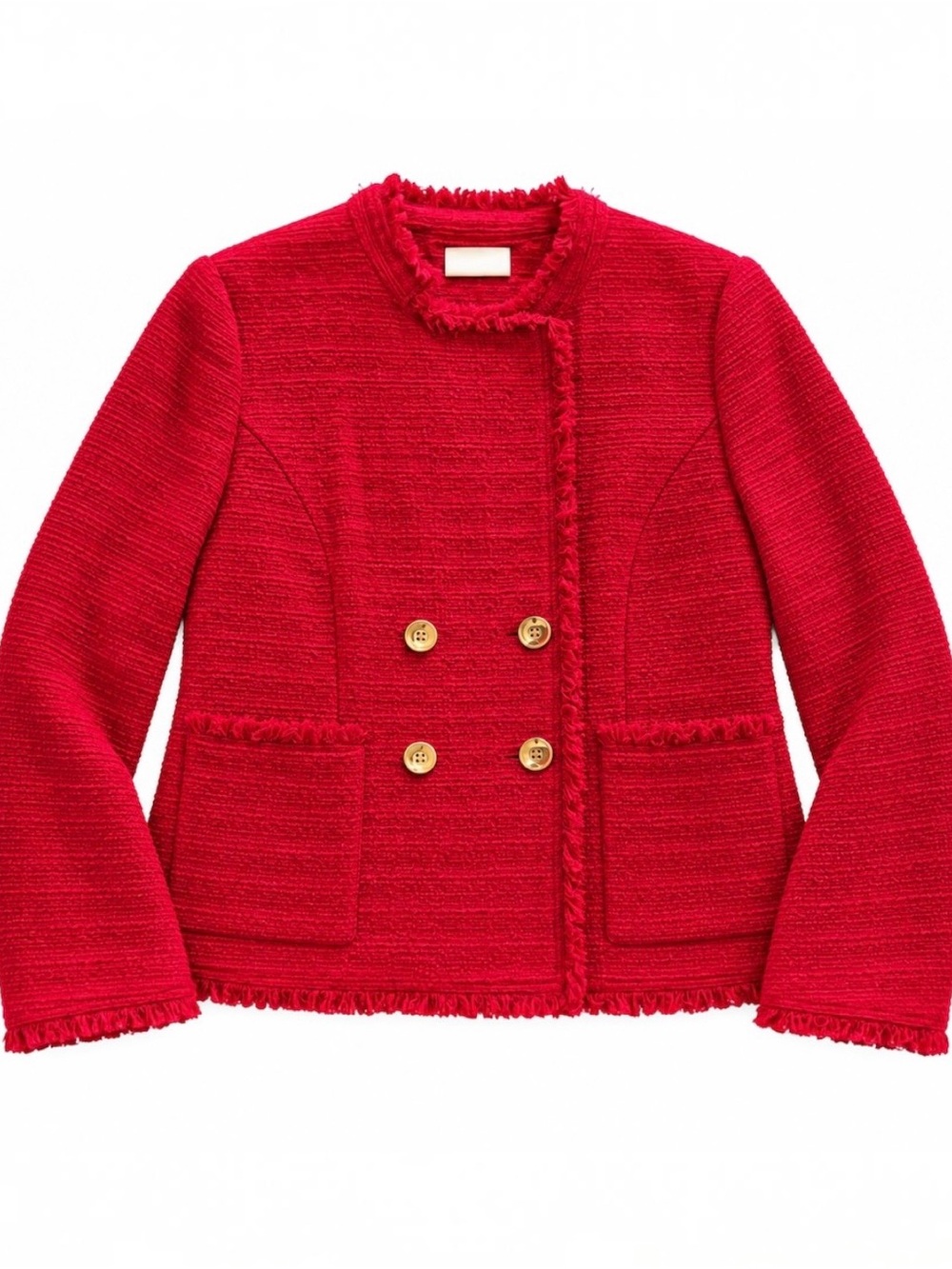 Chico’s Red Tweed Fringe Double Breasted Blazer Jacket Size 3 XL